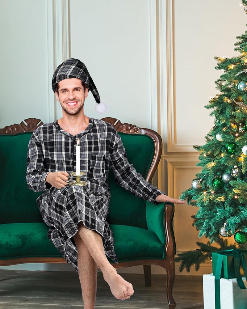 Cuffbow 4 Pcs Christmas Men's Cotton Flannel Nightshirt Set Includes Men Flannel Long Sleeve Nightgown Cap Candle and Holder - Image 5